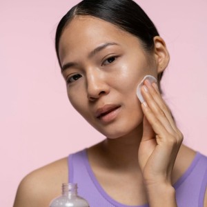 Woman in Purple Tank Top Applying Tonic On Her Face