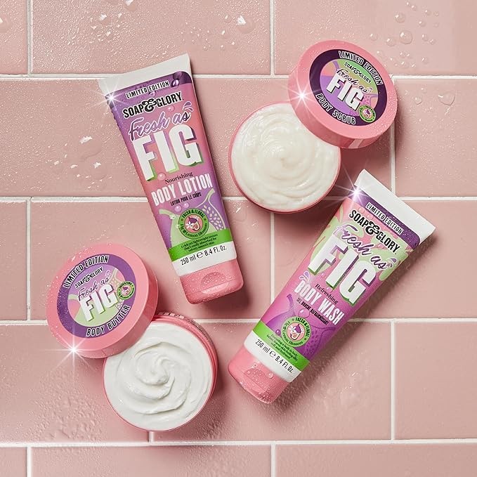 A flat lay of the new Soap and Glory fig launch